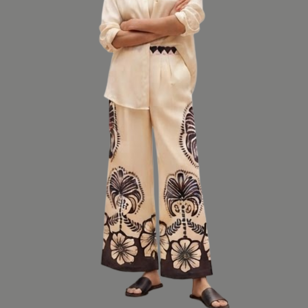 Geometric Waistband Graphic Hem Wide Leg Trousers