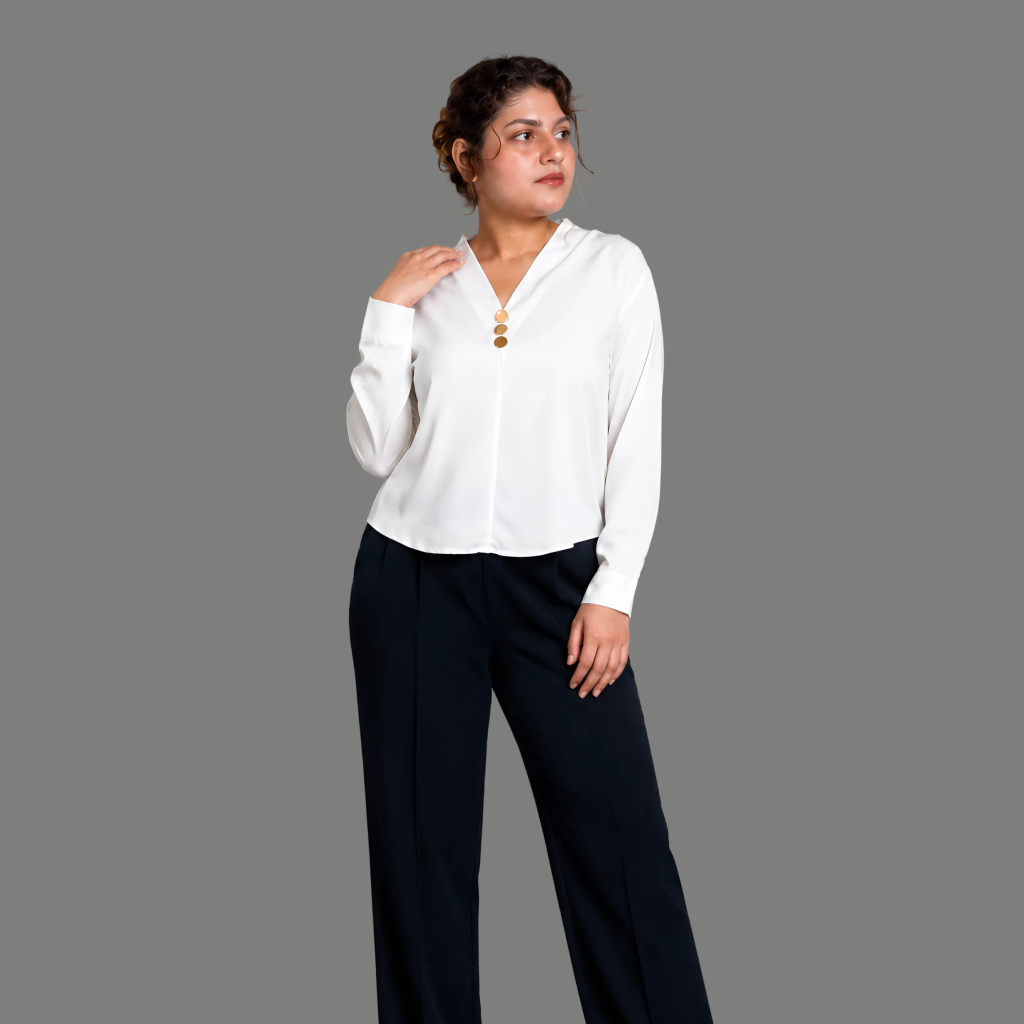 Casual Top V Neck Button Accent
