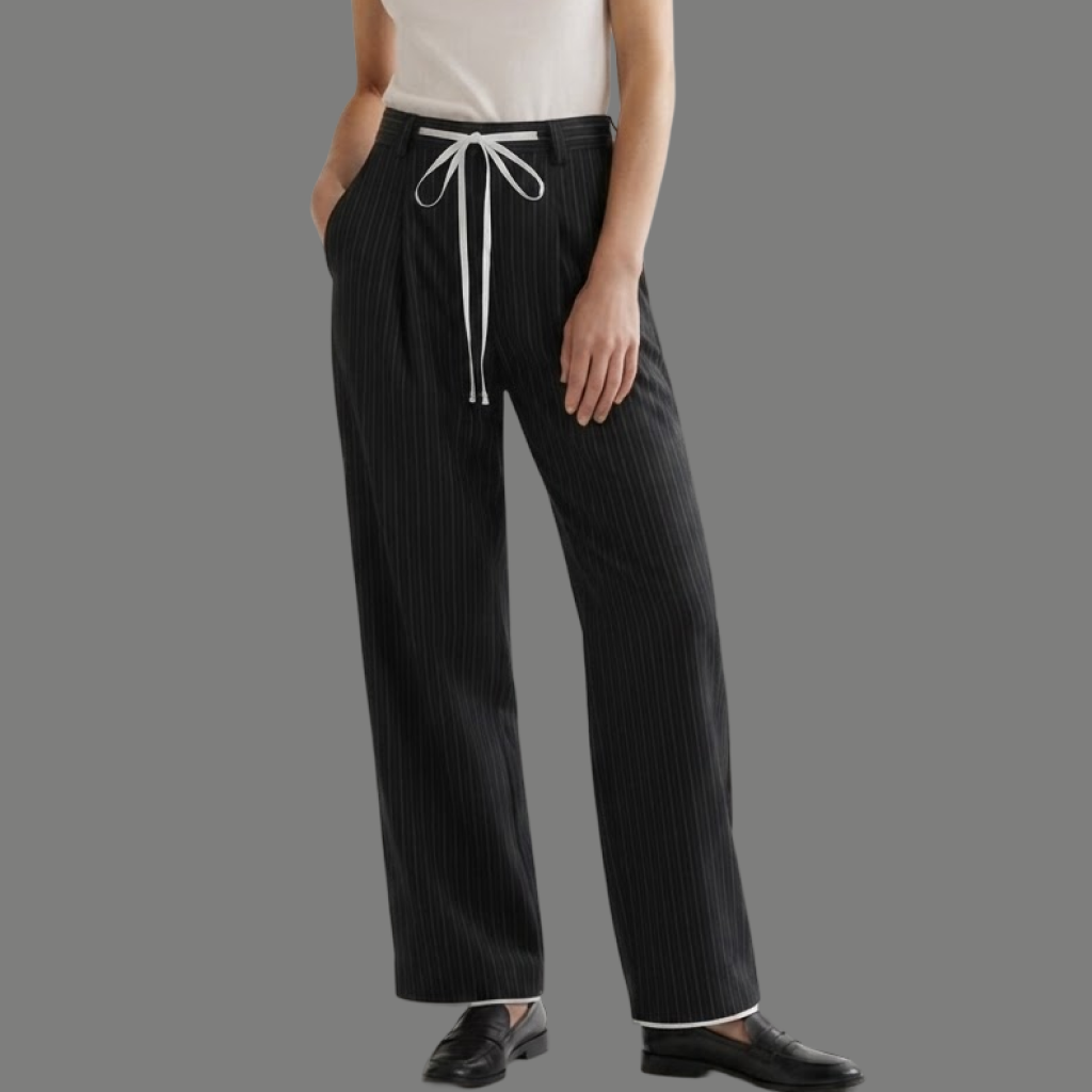 Tailored Drawstring Accent Pinstripe Wide Leg Trousers