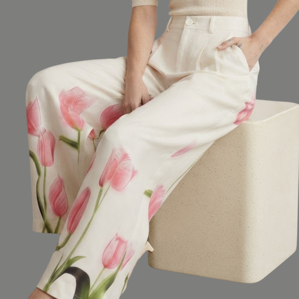 Botanical Print High Rise Wide Leg Trousers