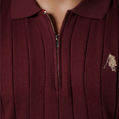 BURGUNDY DROP NEEDLE ZIP POLO SHIRT