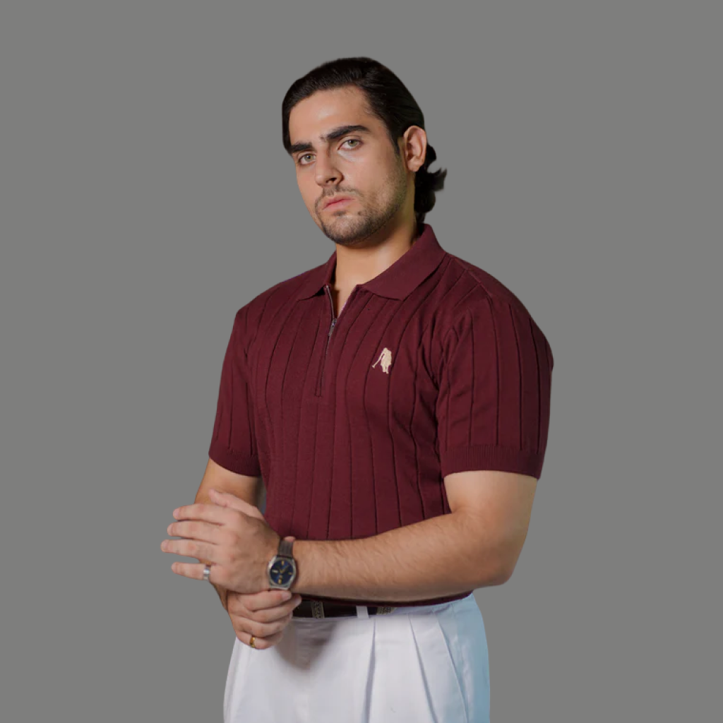 BURGUNDY DROP NEEDLE ZIP POLO SHIRT