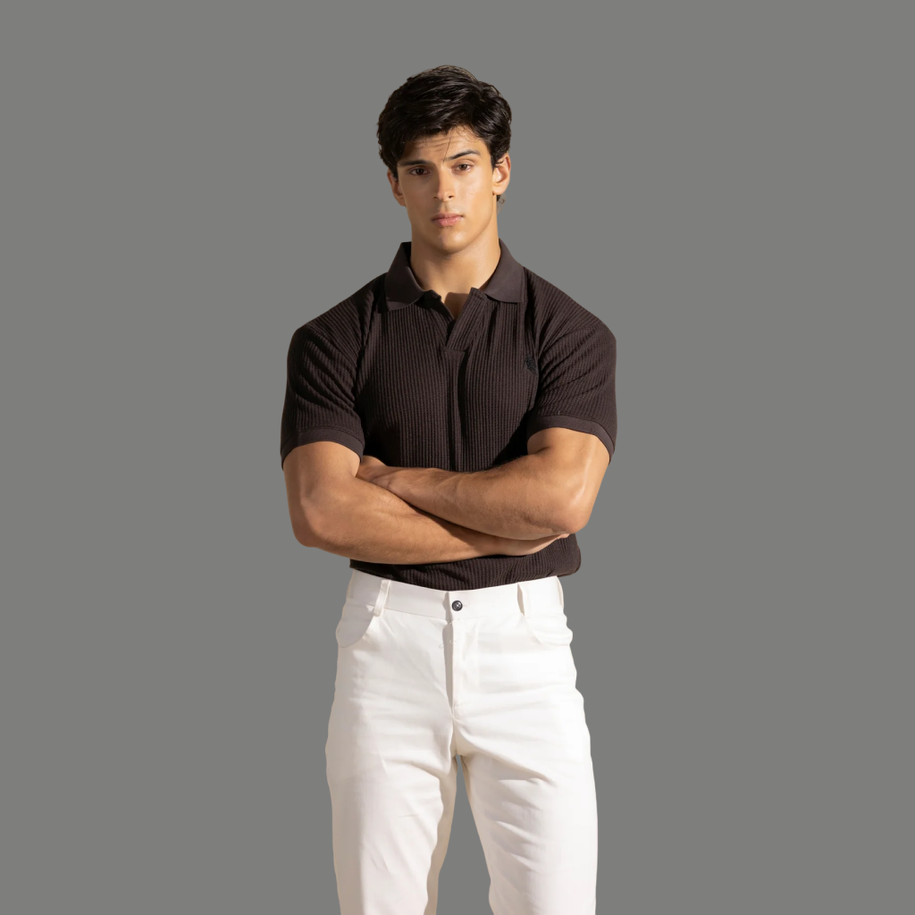 Brown Waffle Knitted Polo Shirt - Brown Johnny Collar Style