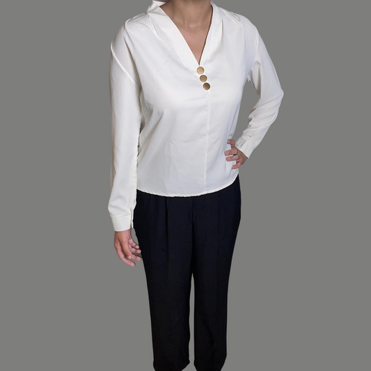 Classic V Neck Cusal Top With Button Accents