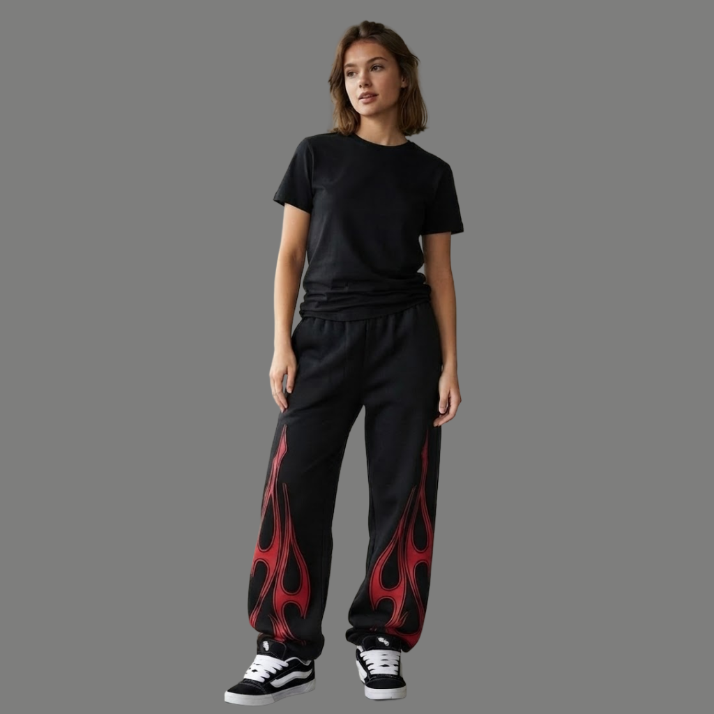 High Rise Flame Graphic Printed Wide Trousers