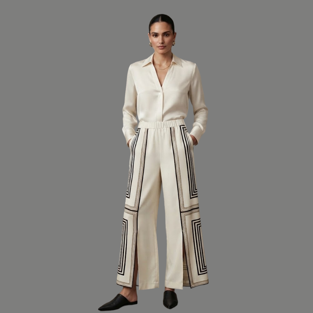 High Rise Geometric Print Side Slit Trousers