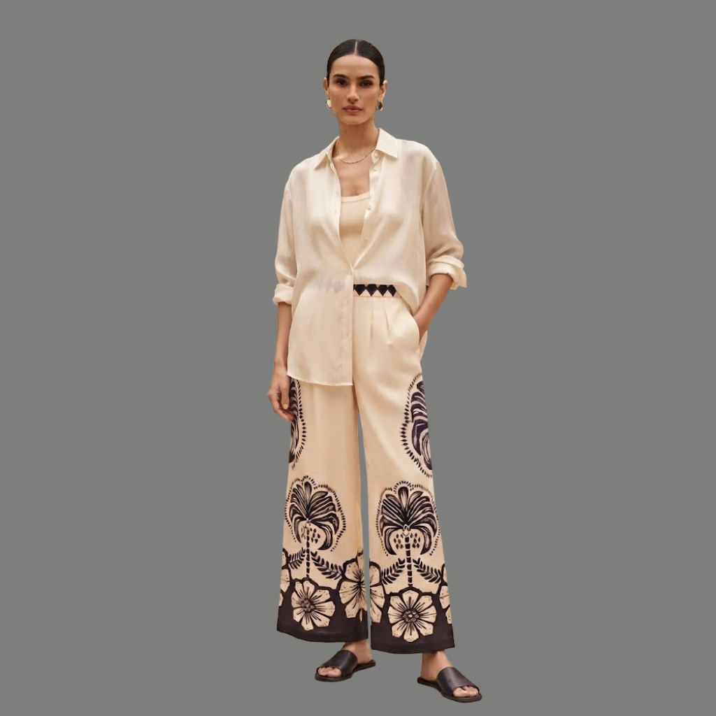 Geometric Waistband Graphic Hem Wide Leg Trousers
