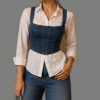 Layered Denim Corset Button Down Shirt Top