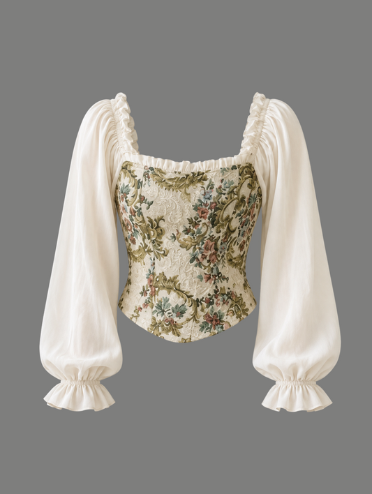 Tapestry Floral Corset Long Lantern Sleeve Top