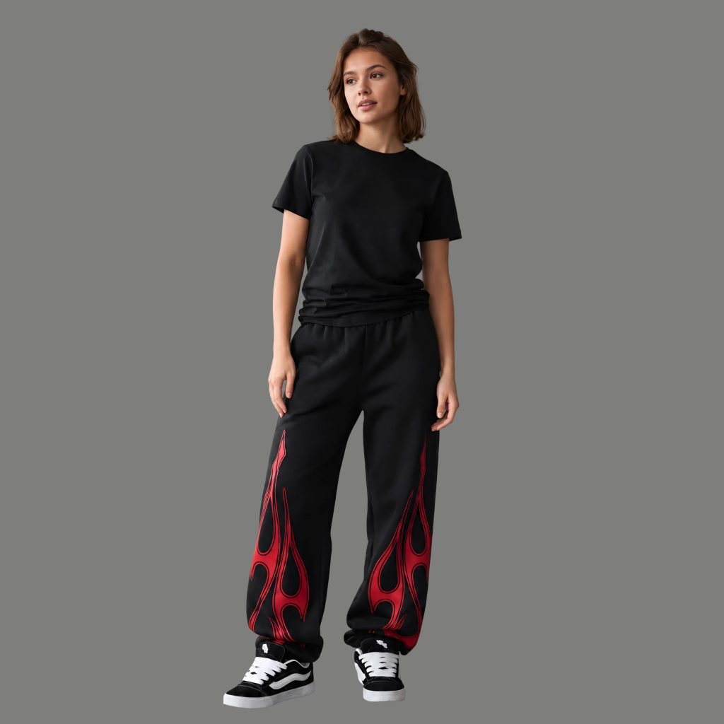 High Rise Flame Graphic Printed Wide Trousers