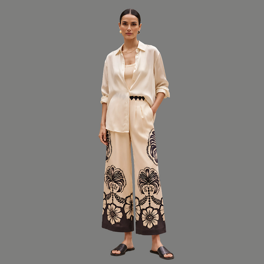 Geometric Waistband Graphic Hem Wide Leg Trousers