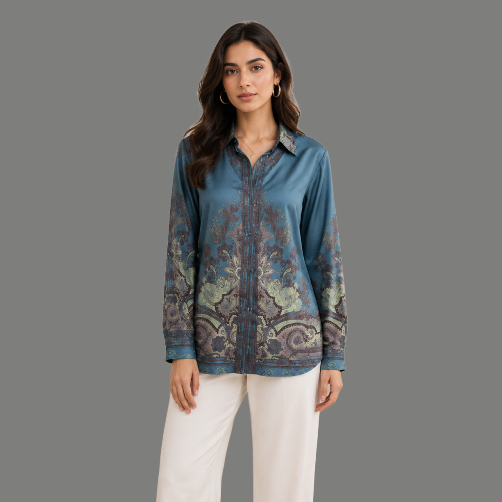 Teal Paisley Satin Shirt - front