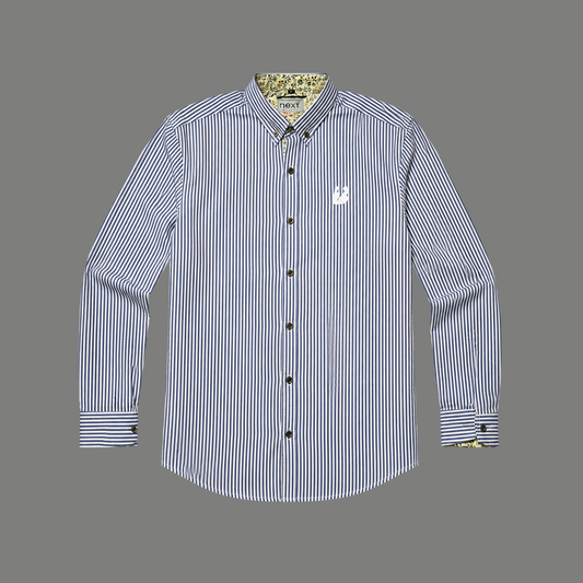 Blue Pinstripe Floral Trim Shirt - flat