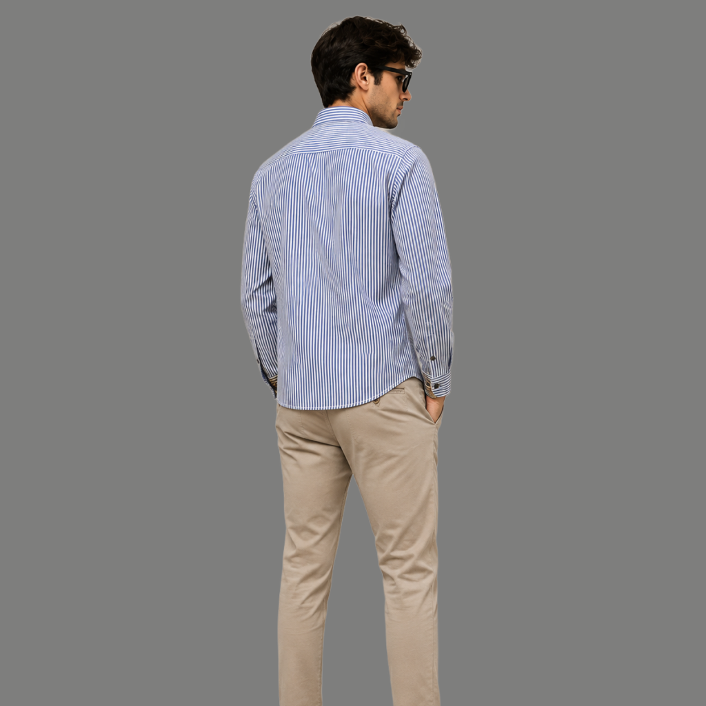 Blue Pinstripe Floral Trim Shirt - back