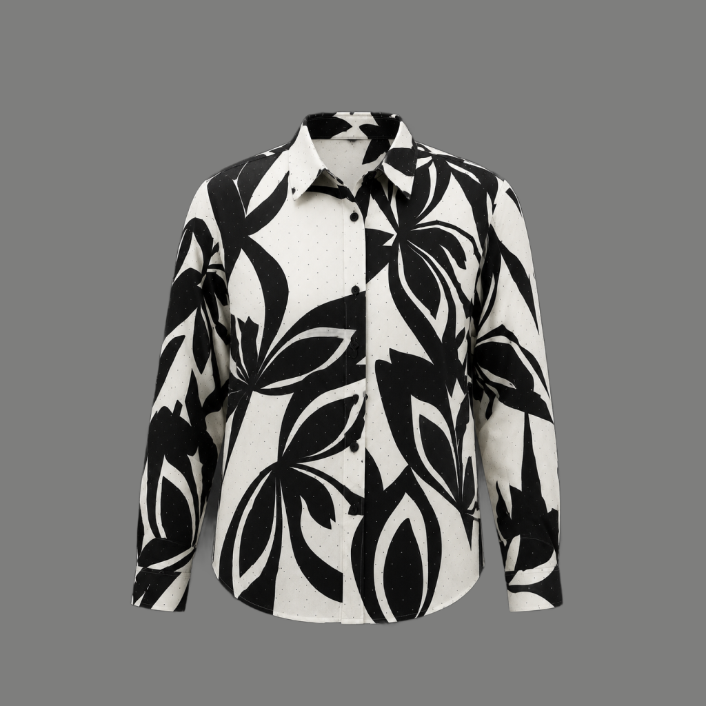 Black & White Abstract Floral Shirt - flat