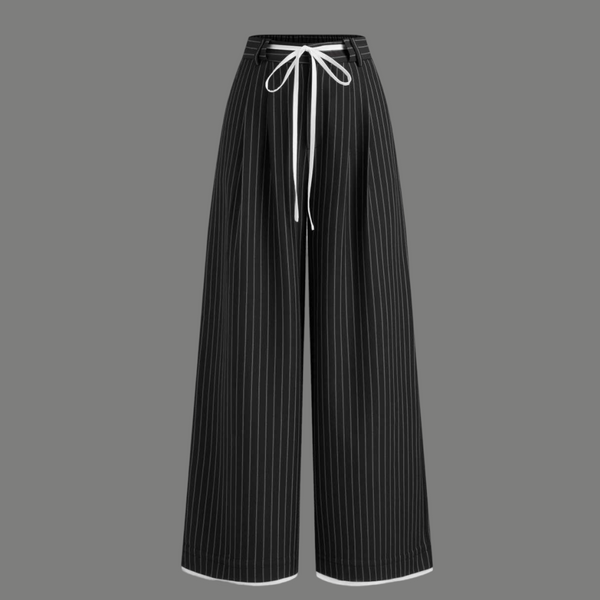 Tailored Drawstring Accent Pinstripe Wide Leg Trousers