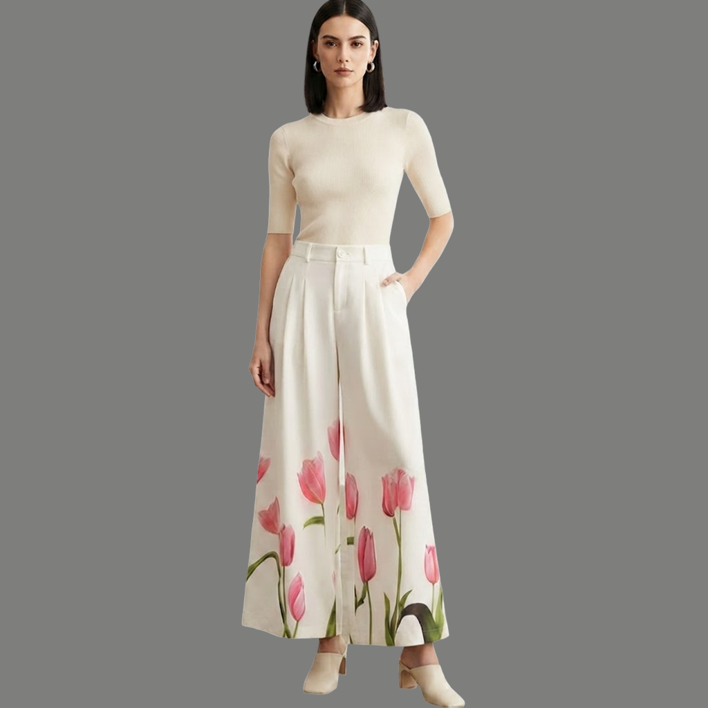 Botanical Print High Rise Wide Leg Trousers
