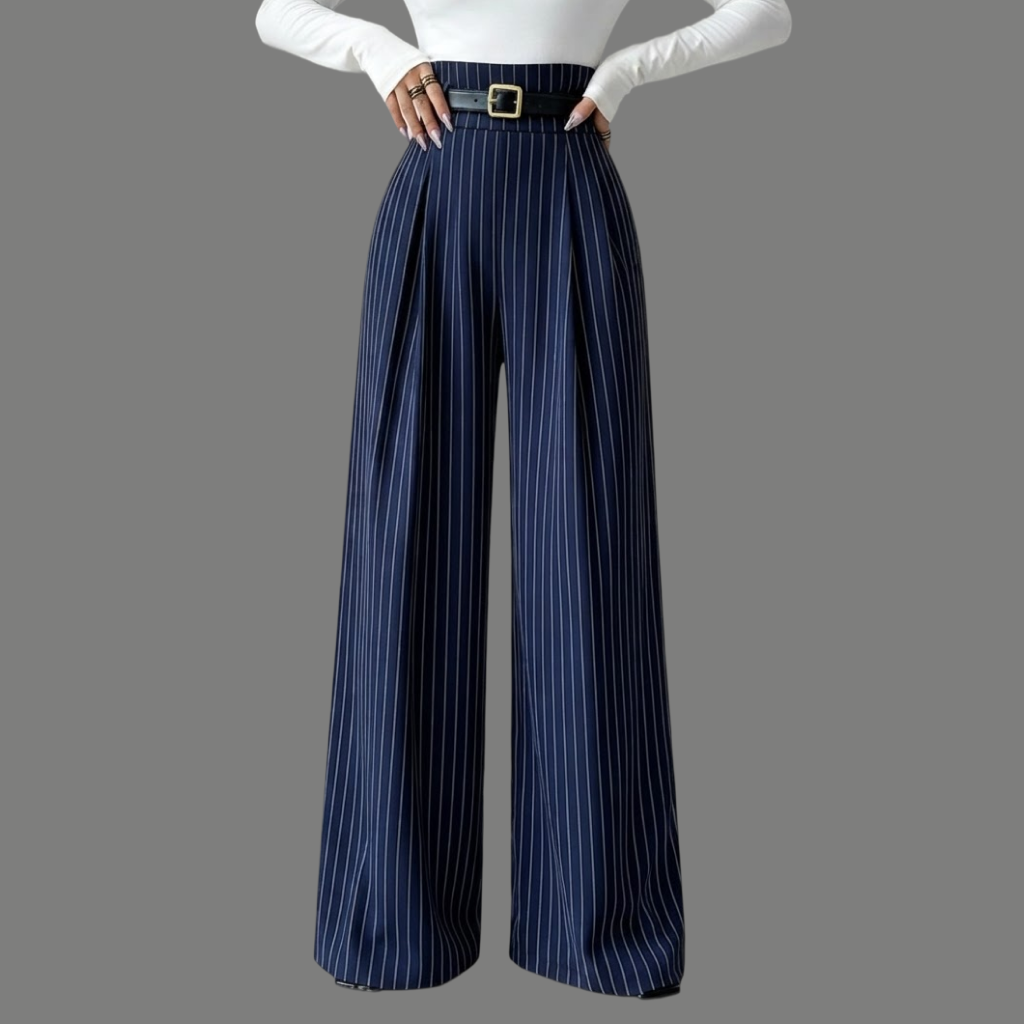 Tailored High Waist Pinstripe Belted Wide Trousers