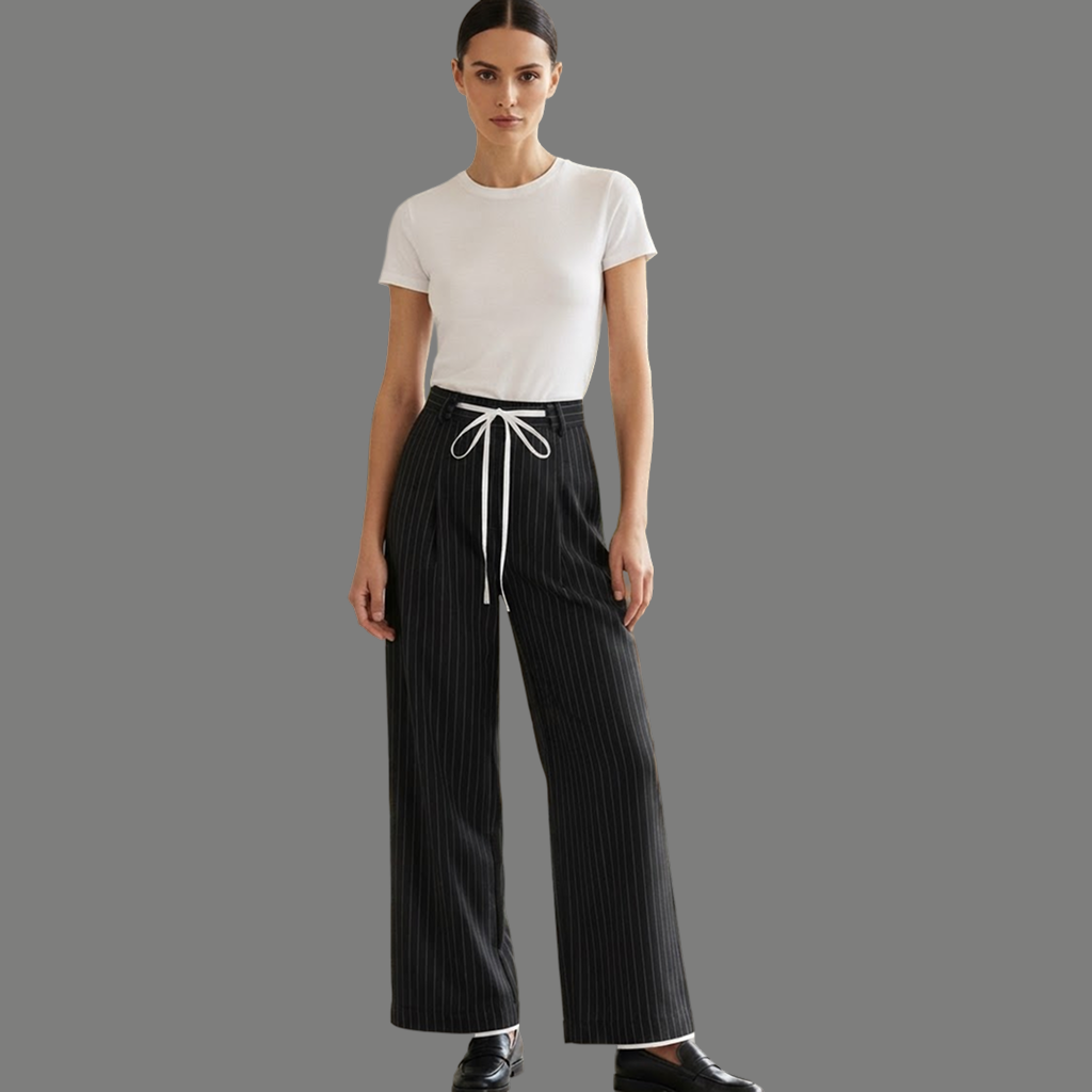 Tailored Drawstring Accent Pinstripe Wide Leg Trousers