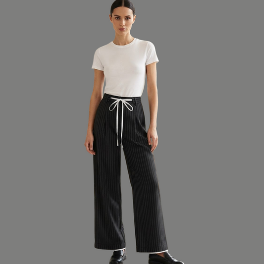 Tailored Drawstring Accent Pinstripe Wide Leg Trousers
