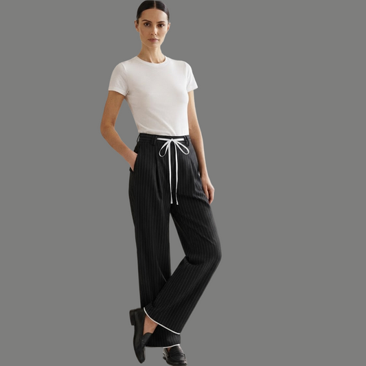 Tailored Drawstring Accent Pinstripe Wide Leg Trousers