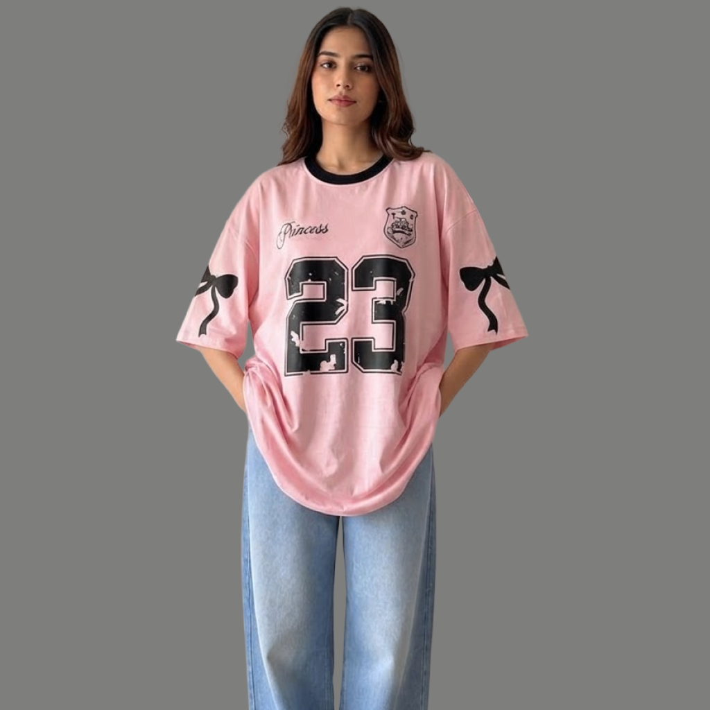 Distressed Graphic Sleeve Ribbon Oversized Tee