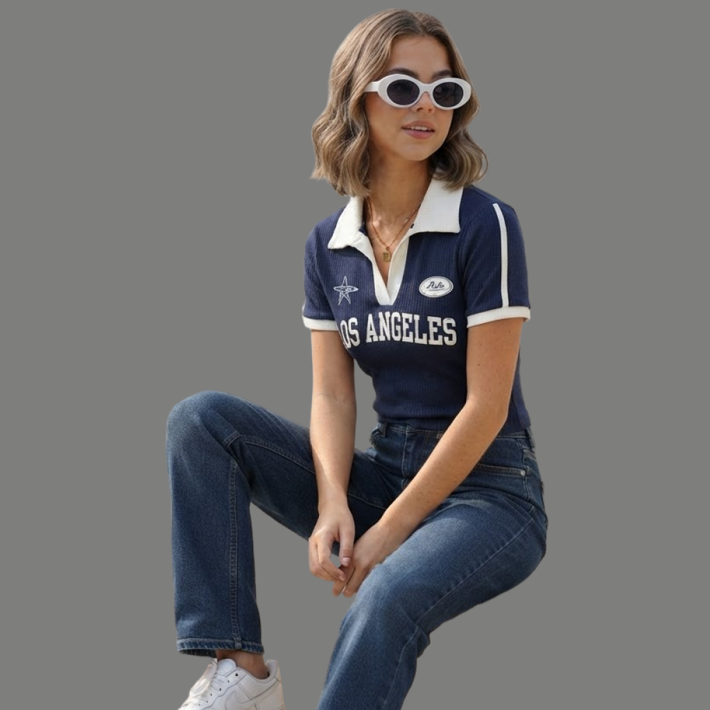 Slim Fit Contrast Collar Graphic Polo Top