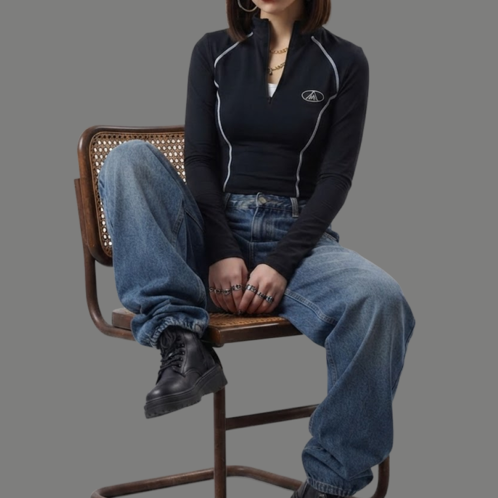 Streetwear Contrast Piping Quarter Zip Top