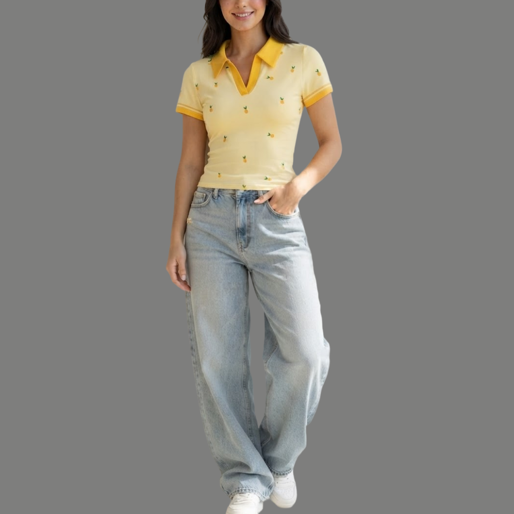 Streetwear Pineapple Print Open Collar Top