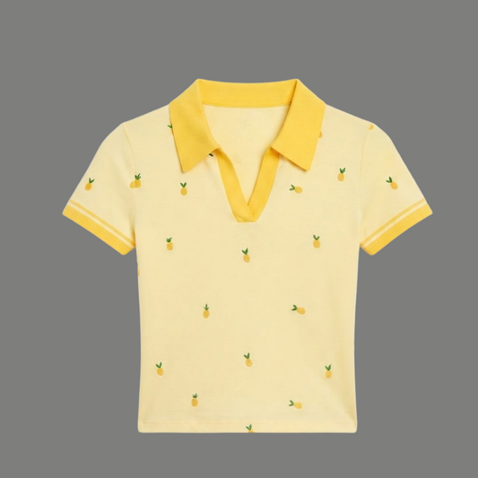 Streetwear Pineapple Print Open Collar Top