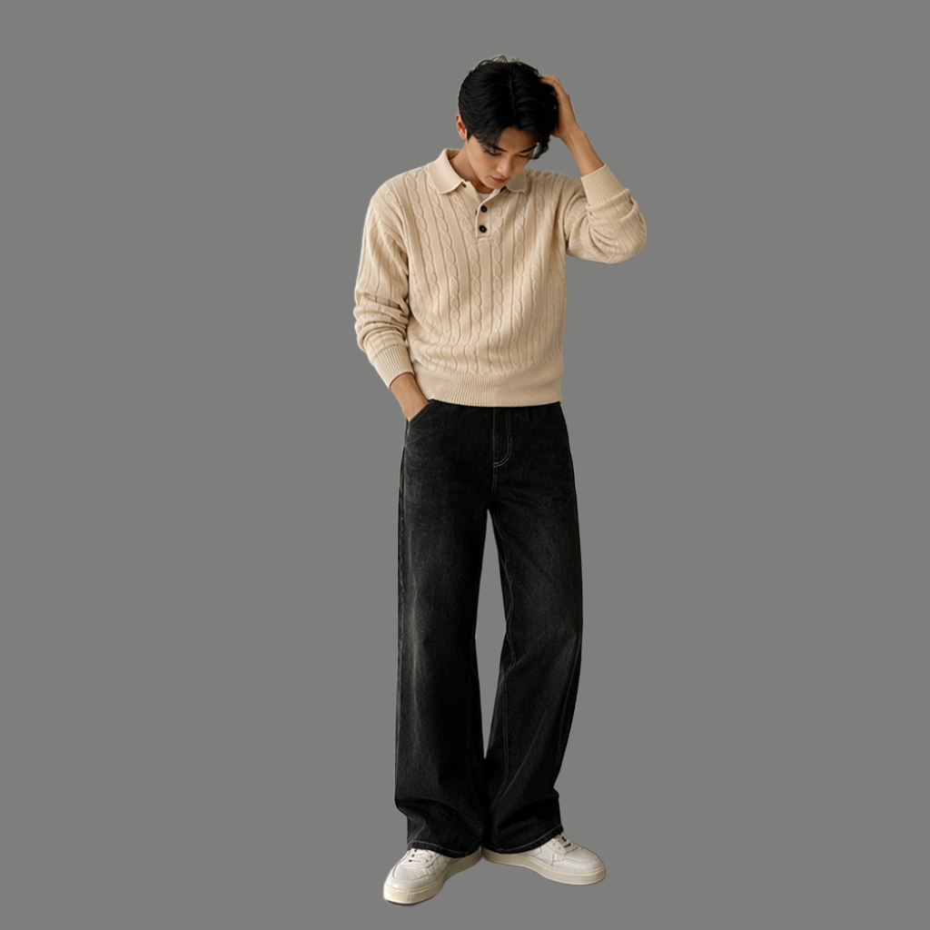 Classic Cable Knit Long Sleeve Polo Sweater