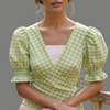 Plaid Wrap Front Smocked Cuff Puff Sleeve Top