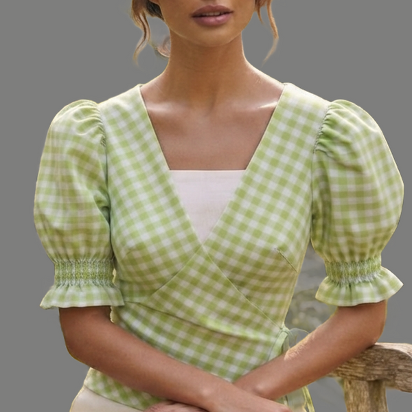 Plaid Wrap Front Smocked Cuff Puff Sleeve Top