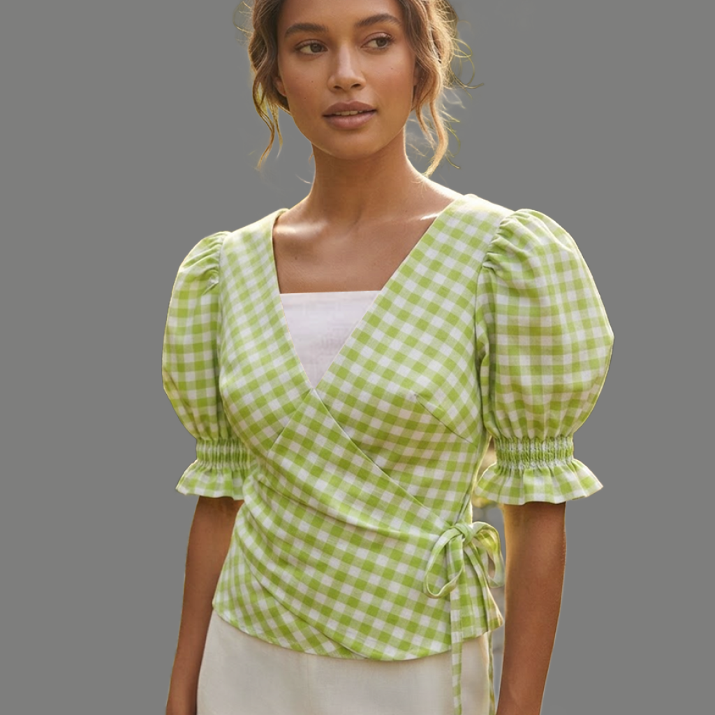 Plaid Wrap Front Smocked Cuff Puff Sleeve Top