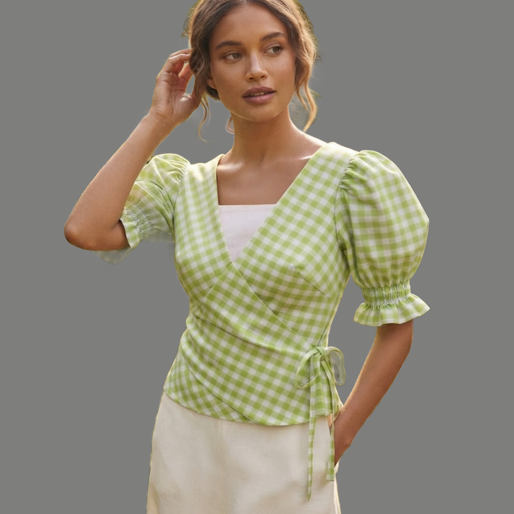 Plaid Wrap Front Smocked Cuff Puff Sleeve Top