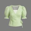 Plaid Wrap Front Smocked Cuff Puff Sleeve Top