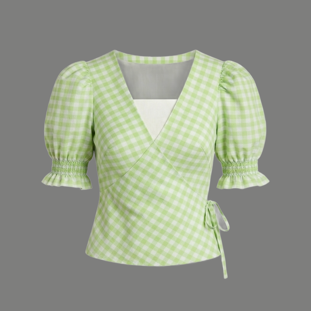 Plaid Wrap Front Smocked Cuff Puff Sleeve Top