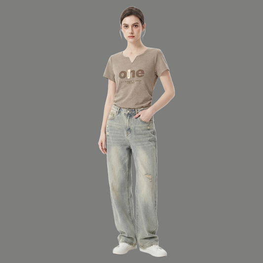Urban Acid Wash Split Neck Graphic Top