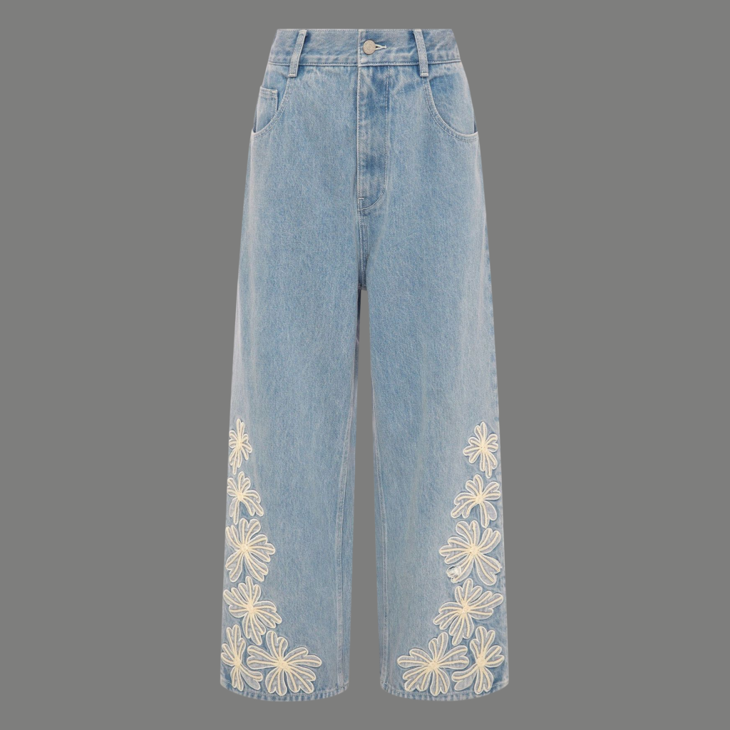 Streetwear Floral Embroidery Wide Denim Jeans