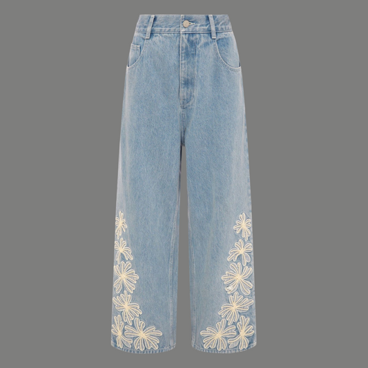 Streetwear Floral Embroidery Wide Denim Jeans