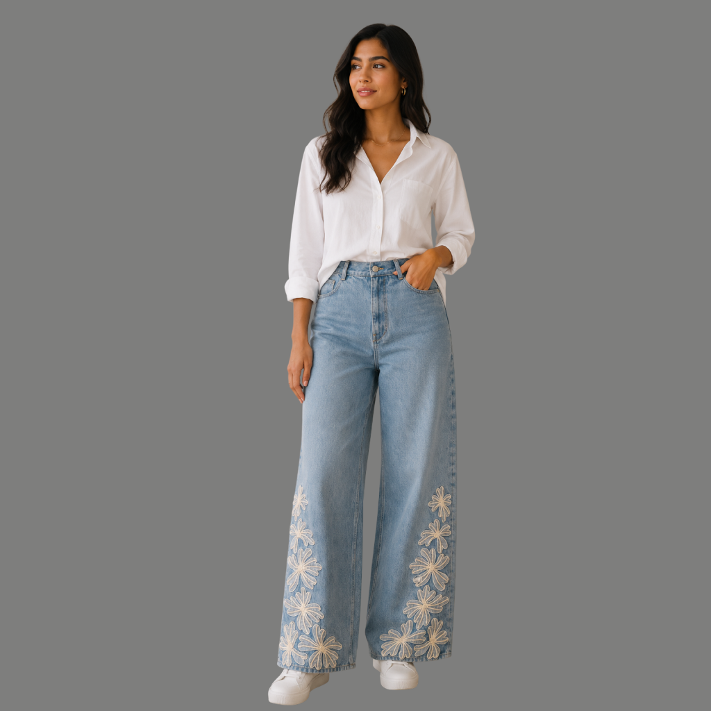 Streetwear Floral Embroidery Wide Denim Jeans