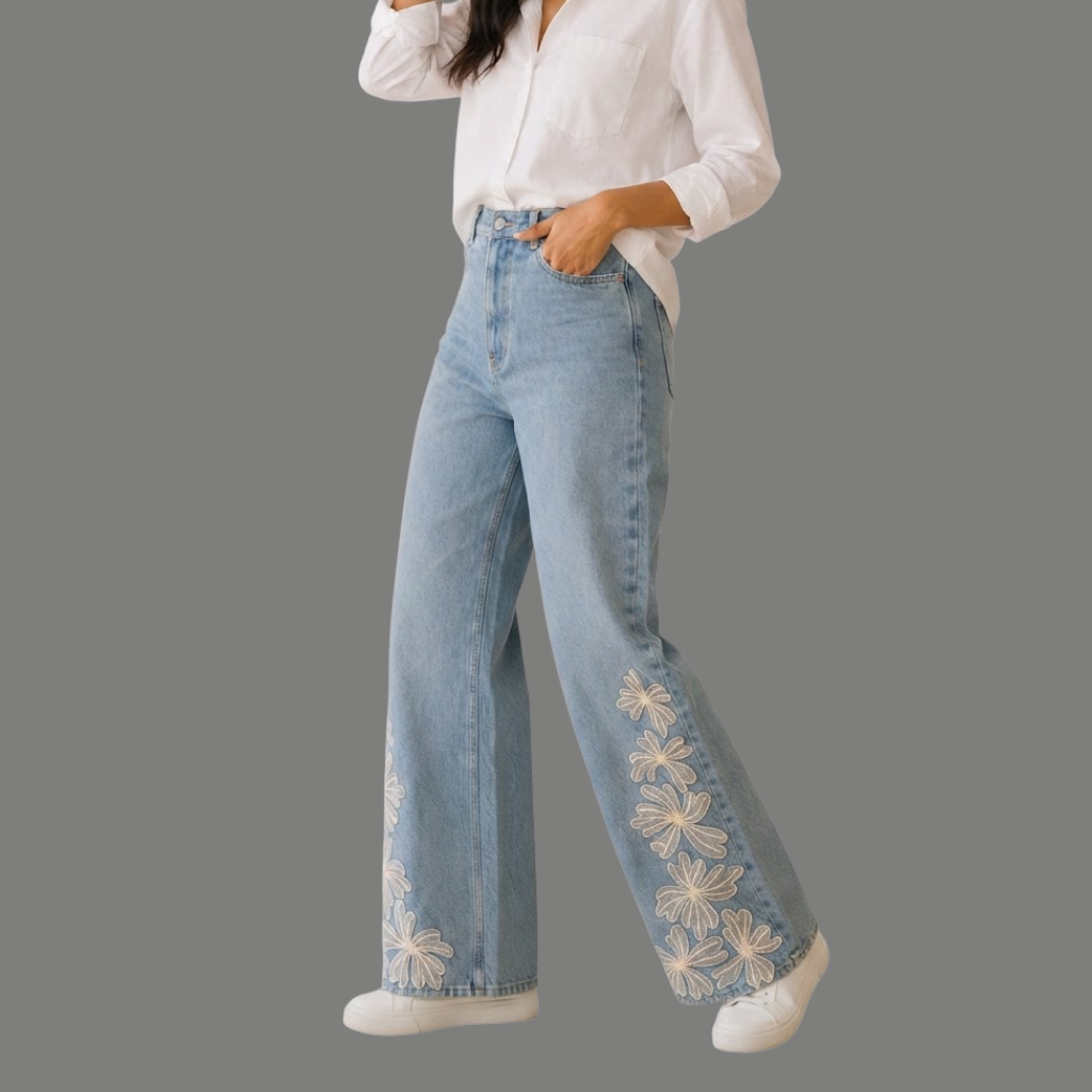 Streetwear Floral Embroidery Wide Denim Jeans
