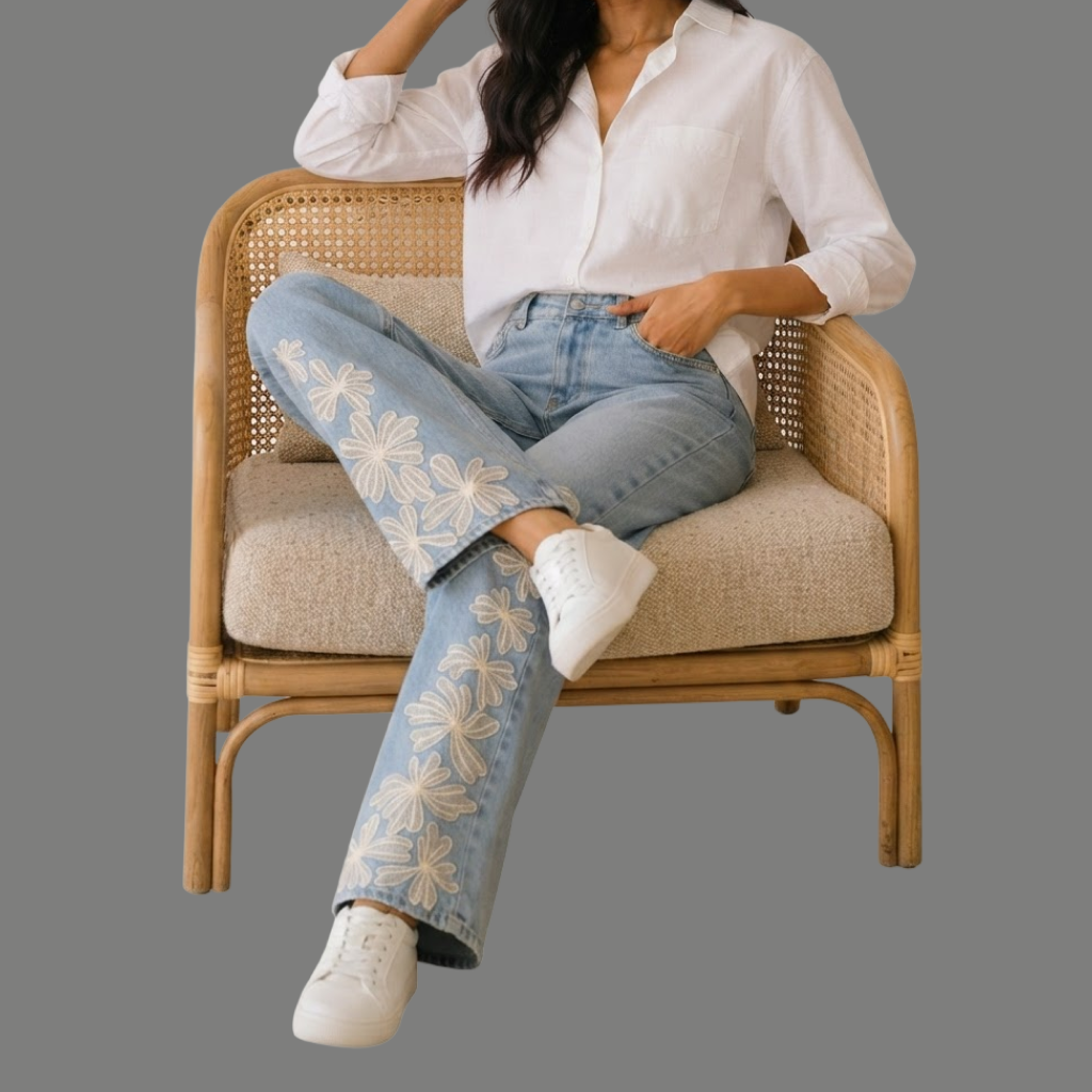 Streetwear Floral Embroidery Wide Denim Jeans