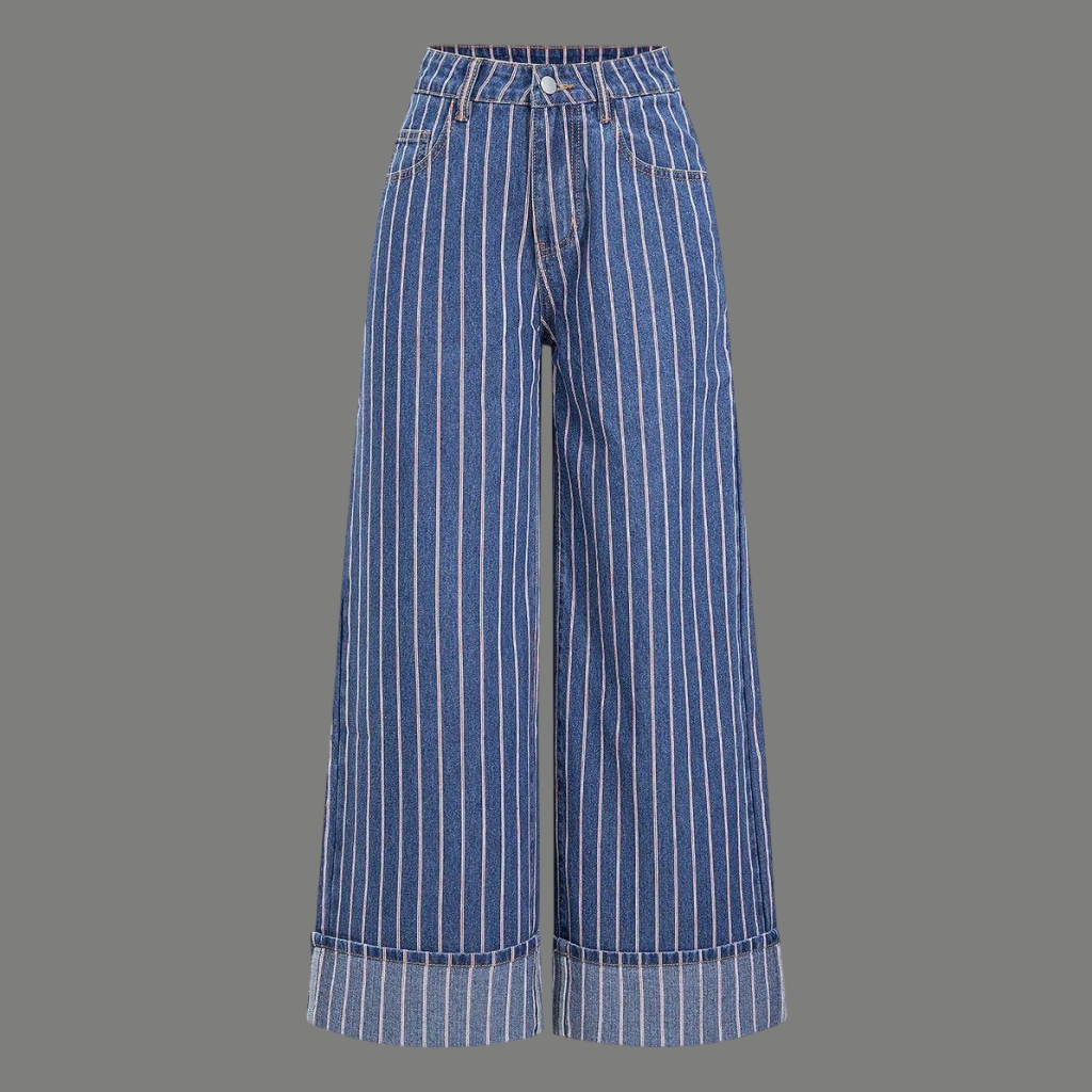 Oversized Pinstripe Cuffed Wide Denim Jeans