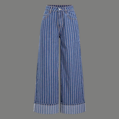 Oversized Pinstripe Cuffed Wide Denim Jeans