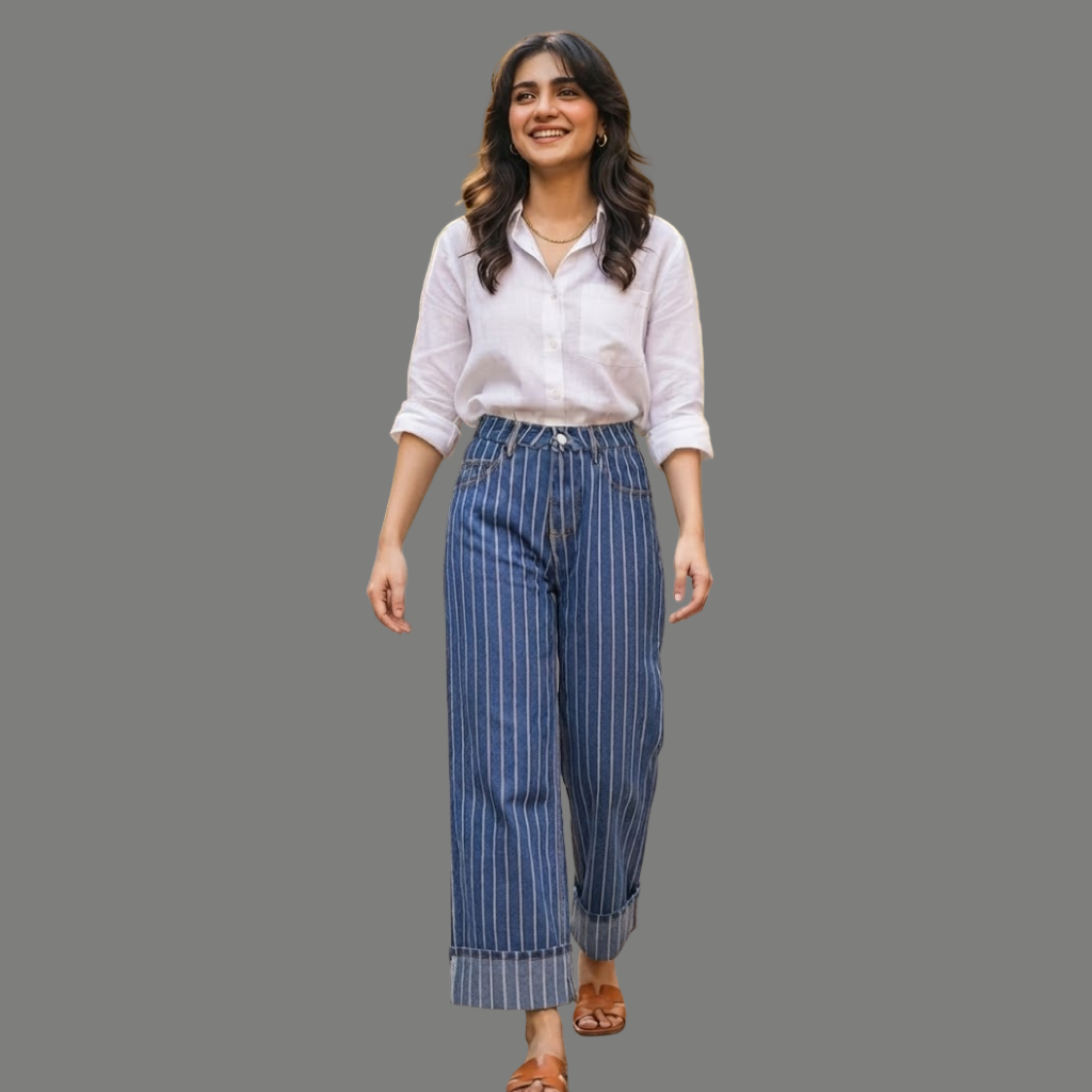 Oversized Pinstripe Cuffed Wide Denim Jeans