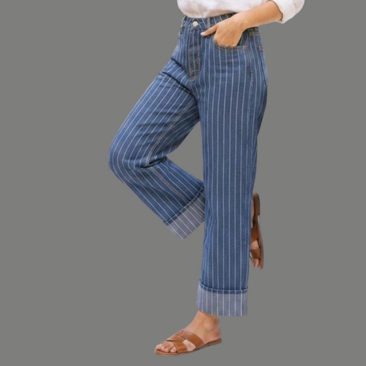 Oversized Pinstripe Cuffed Wide Denim Jeans