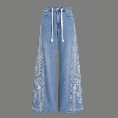 Oversized Embroidered Drawstring Wide Leg Jeans