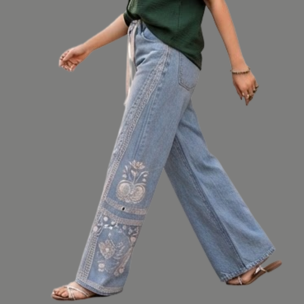 Oversized Embroidered Drawstring Wide Leg Jeans