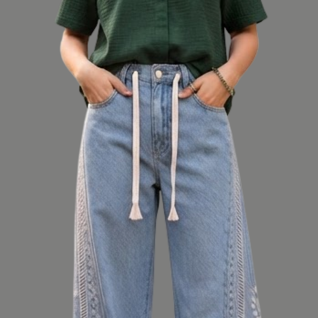 Oversized Embroidered Drawstring Wide Leg Jeans